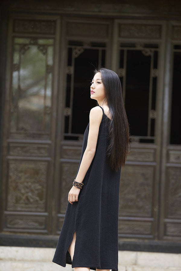 Women Cotton and Linen Retro Buckle Vest Style Skirt Dress