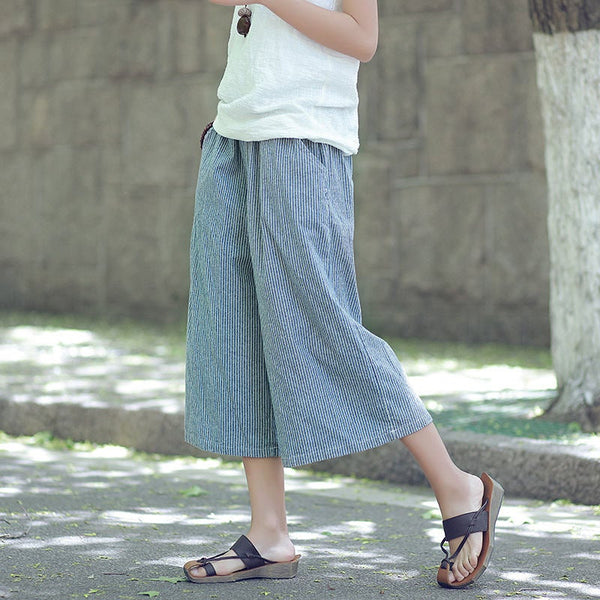 Women Causal Linen and Cotton Wide Leg Cropped Pants