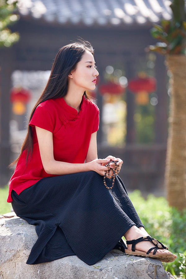 Women Simple Linen and Cotton Wrinkle Maxi Skirt