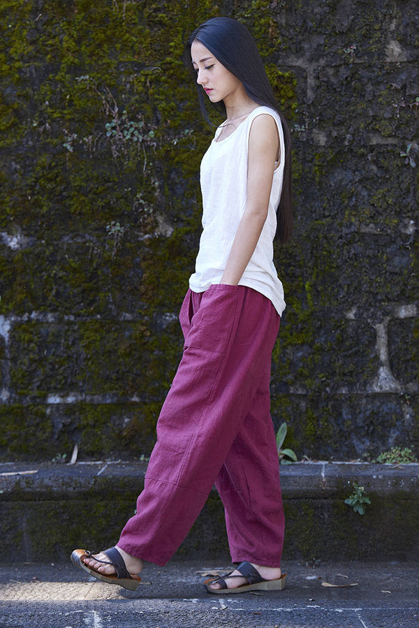 Women Retro Ramie Pure Hemp Sand Washed Big Pocket Pants