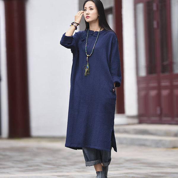 Women cotton and linen women’s new original double-layer wrinkle retro oblique lapel wild women’s dress