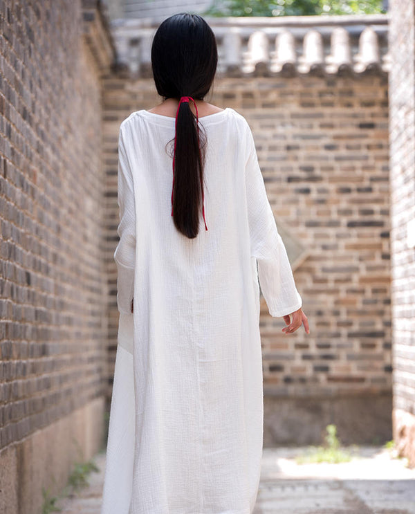 Women Asian Style Retro Long Sleeves Linen and Cotton Dress