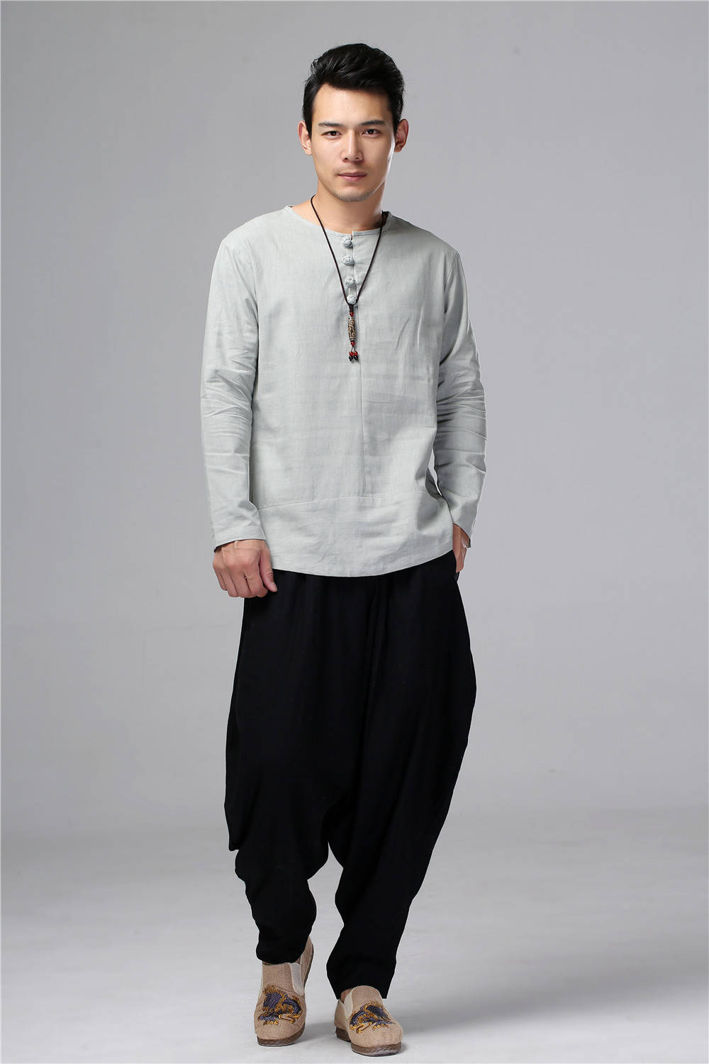 Men Chinese Folk Style Long Sleeve Linen and Cotton T-shirt Top