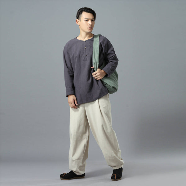 Men Retro Casual Linen and Cotton T-shirt Top