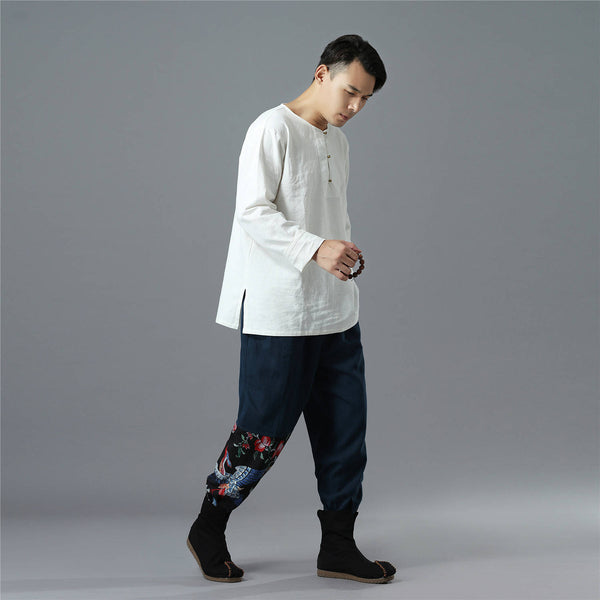 Men Retro Casual Linen and Cotton T-shirt Top