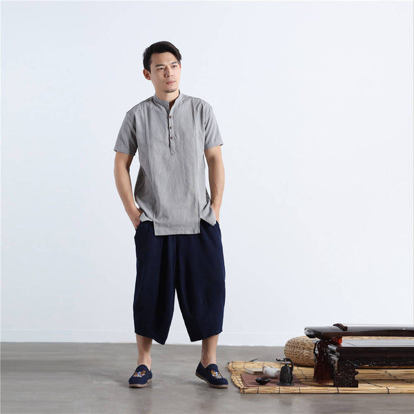 Men Chinese Style Short Sleeve Linen and Cotton T-shirt Top