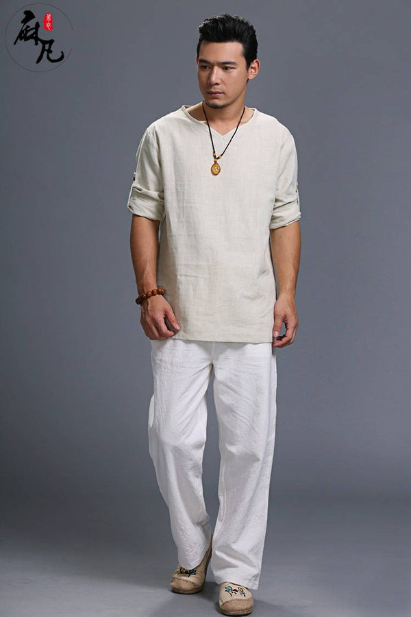 Men Loose Causal V Collar Linen and Cotton Short Sleeve T-shirt Top