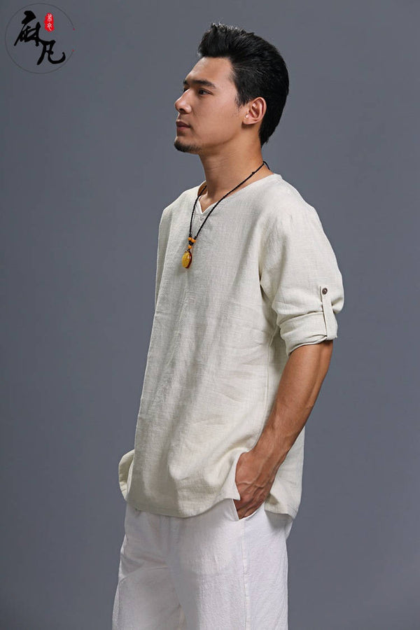 Men Loose Causal V Collar Linen and Cotton Short Sleeve T-shirt Top