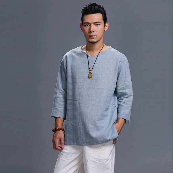 Men Loose Causal V Collar Linen and Cotton Short Sleeve T-shirt Top