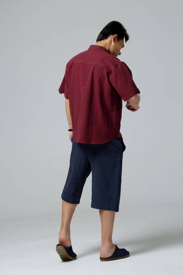 Men Causal Short Sleeved Linen and Cotton T-shirt Top