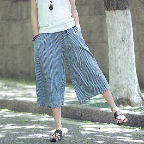 Women Causal Linen and Cotton Wide Leg Cropped Pants