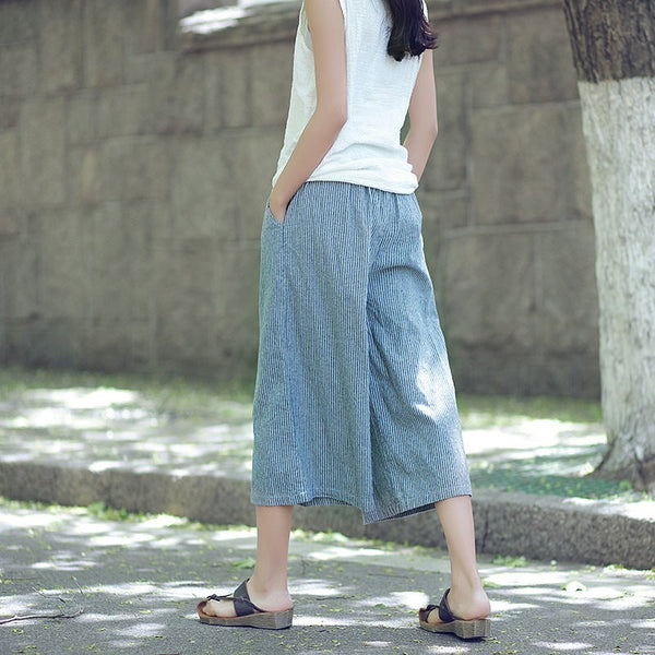 Women Causal Linen and Cotton Wide Leg Cropped Pants