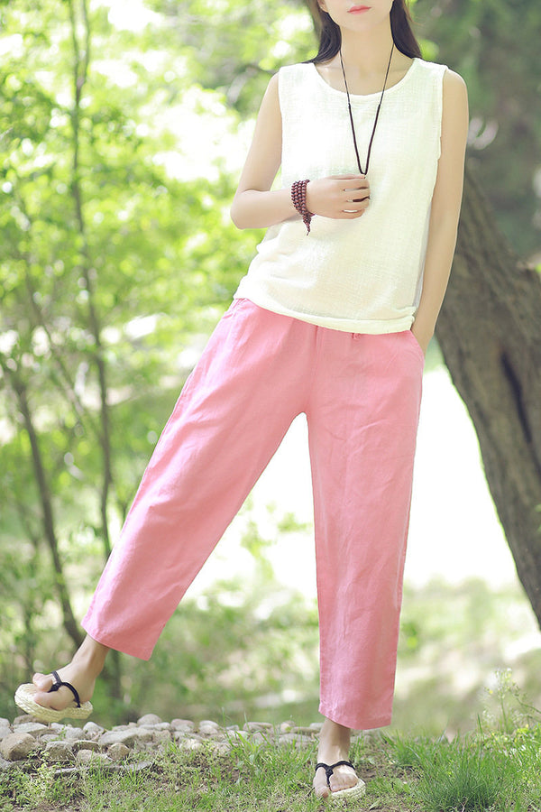 30% Sale!!! Women Simple Casual Light Linen and Cotton Cropped Pant (Capri)