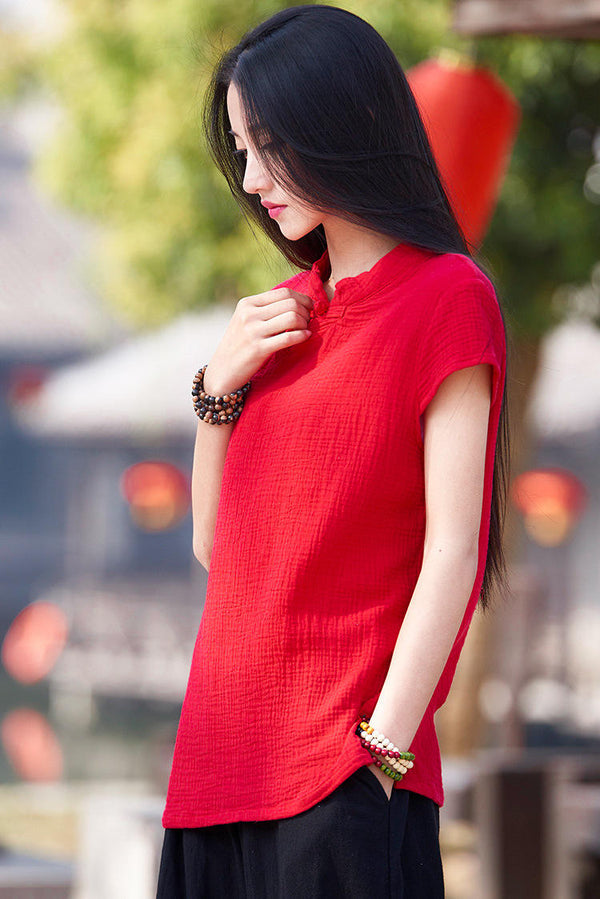 Original Retro Asian Style Slim Women’s cotton and linen Short-Sleeve blouses