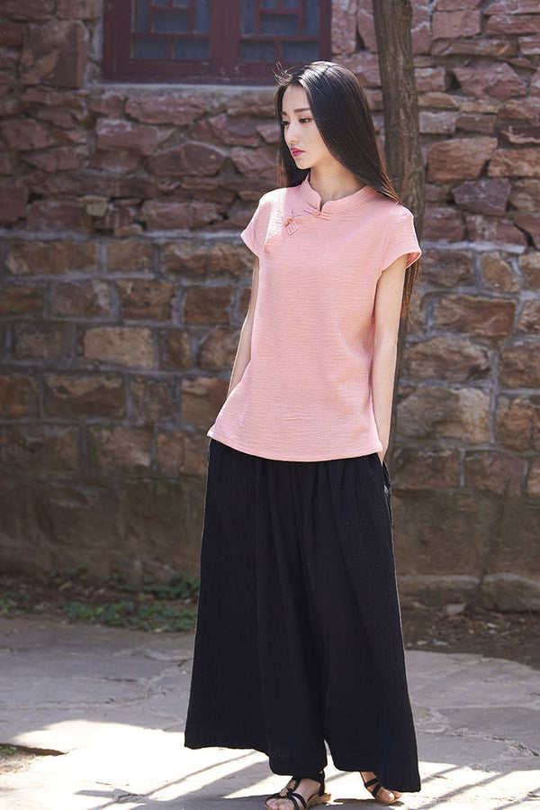 Original Retro Asian Style Slim Women’s cotton and linen Short-Sleeve blouses