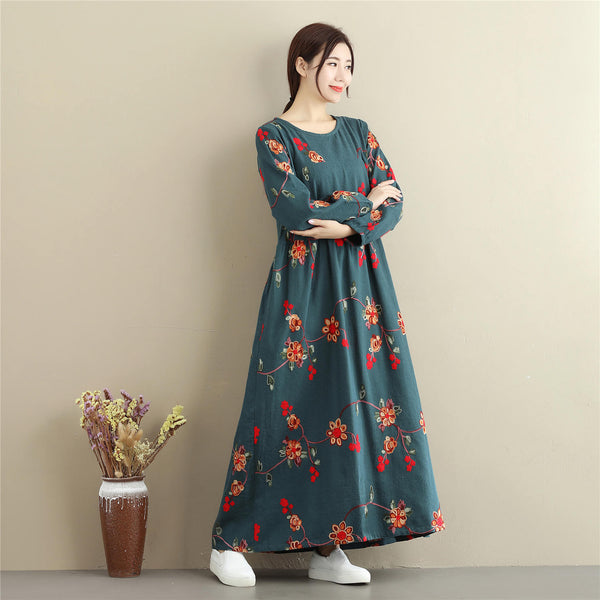 Women cotton and linen dress – Retro Loose Causal Ankle Lenght Dress