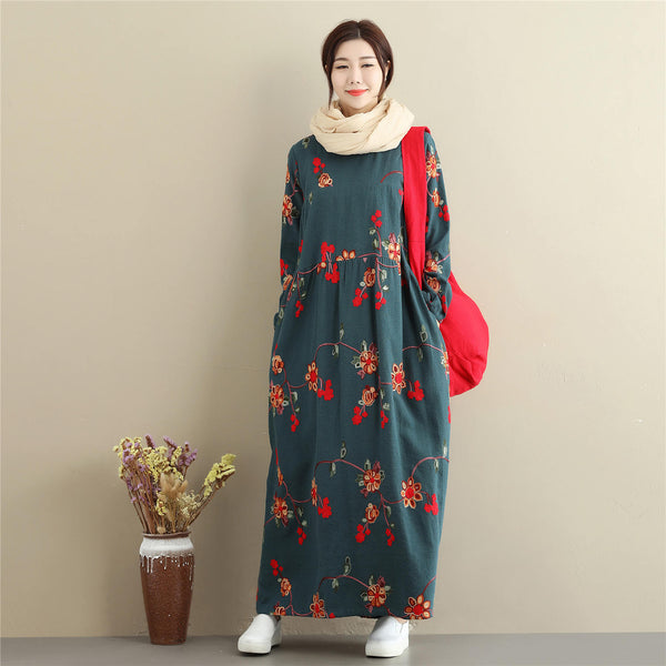 Women cotton and linen dress – Retro Loose Causal Ankle Lenght Dress