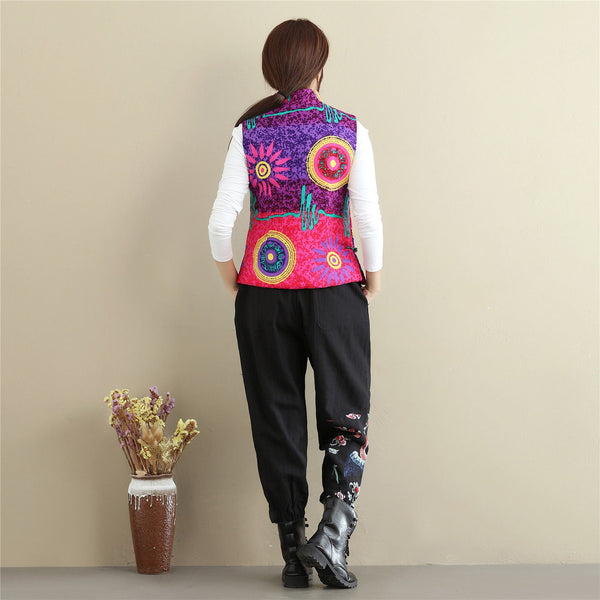 Women Retro Asian Style Quilted Printed Cotton Vest