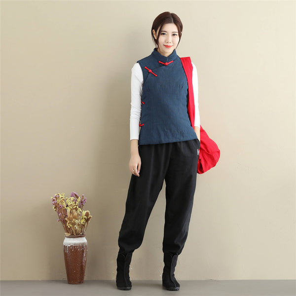 Women Retro Asian Style Quilted Linen and Cotton Vest
