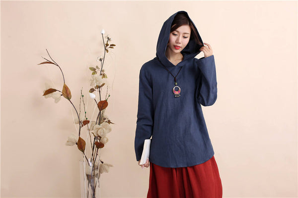Women Retro Style Linen and Cotton Hoodies