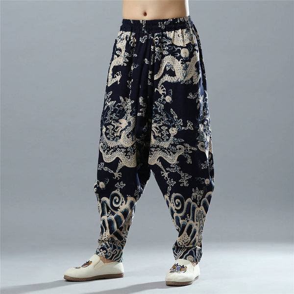 Men Loose Chinese Dragon Printed Cotton and Linen Casual Hanging Crotch Pants
