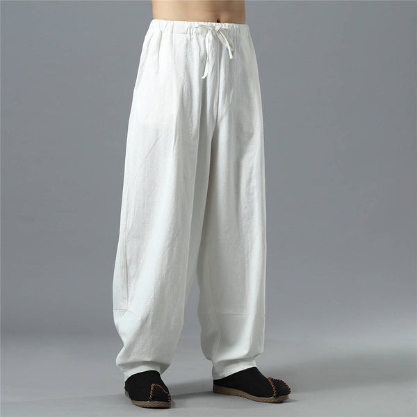 Men Loose Causal Pure Color Cotton and Linen Men Hanging Crotch Pants