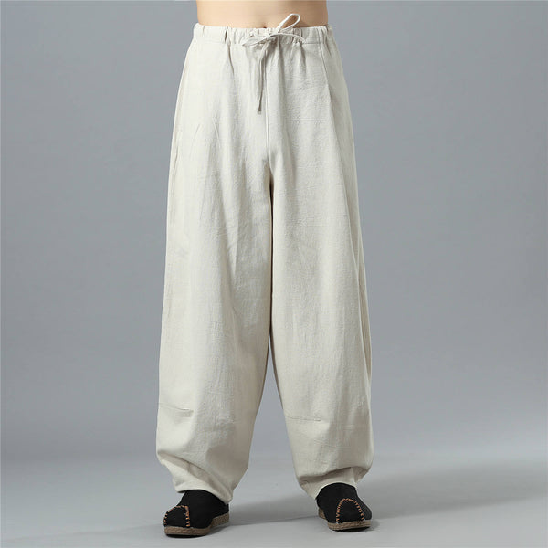 Men Loose Causal Pure Color Cotton and Linen Men Hanging Crotch Pants
