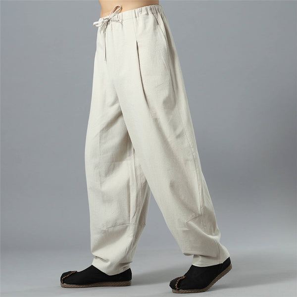 Men Loose Causal Pure Color Cotton and Linen Men Hanging Crotch Pants