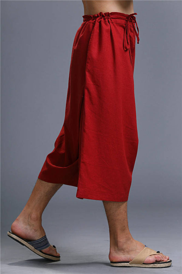 Men Loose Causal Pure Color Cotton and Linen Hanging Crotch Cropped Pants