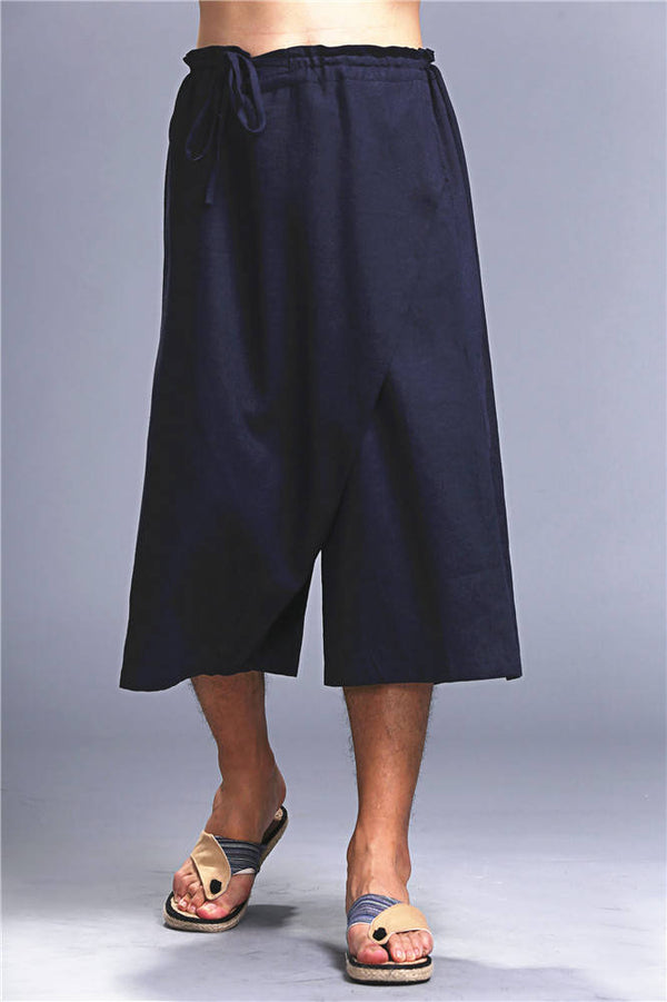 Men Loose Causal Pure Color Cotton and Linen Hanging Crotch Cropped Pants