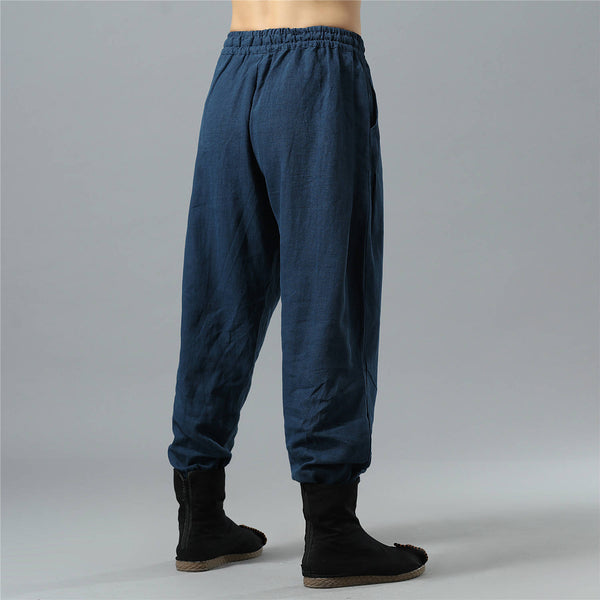 Men Causal Pure Color Cotton and Linen KungFu Jogger Pants