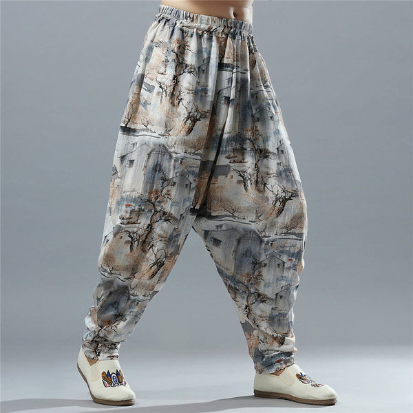 Men Casual Loose Cotton and Linen Chinese Scenery Printed Hanging Crotch Dancing Pants