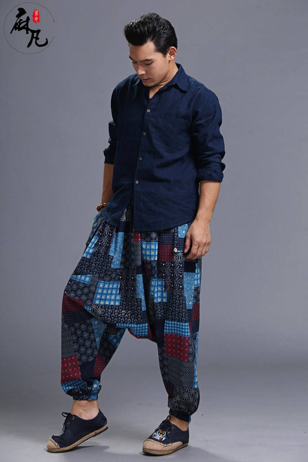 Men Casual Loose Cotton and Linen Printed Hanging Crotch Dancing Pants
