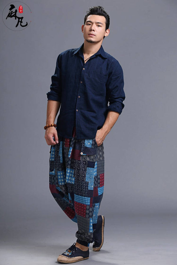 Men Casual Loose Cotton and Linen Printed Hanging Crotch Dancing Pants