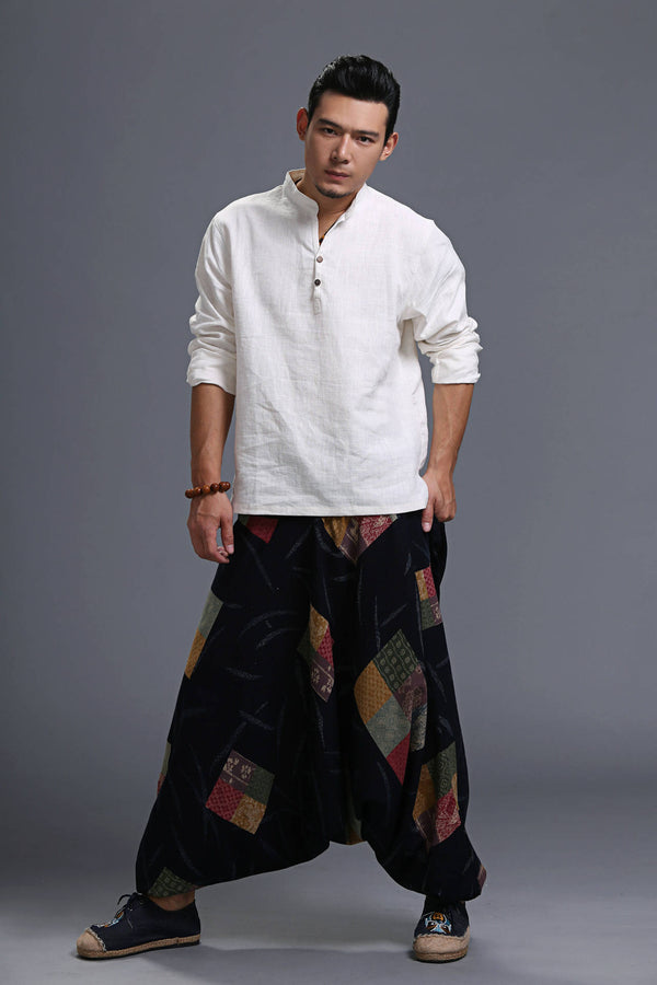 Men Casual Loose Cotton and Linen Printed Hanging Crotch Yoga Pants