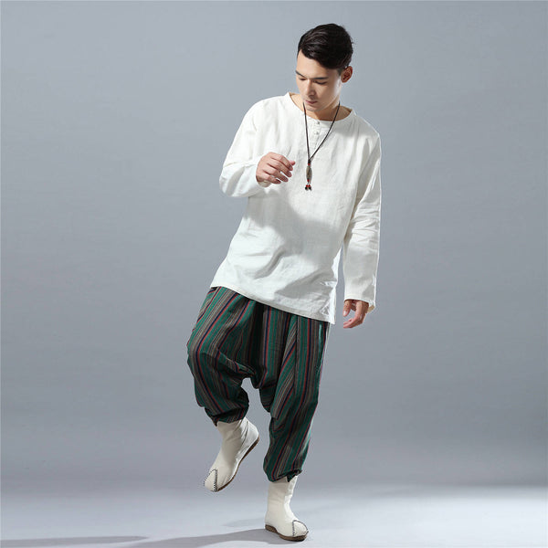 Men Casual Loose Stripe Patterned Cotton and Linen Hanging Crotch Pants