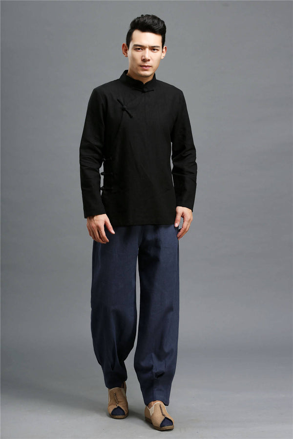 Men Casual Pure Color Loose Cotton and Linen Chinese Style KungFu Pants