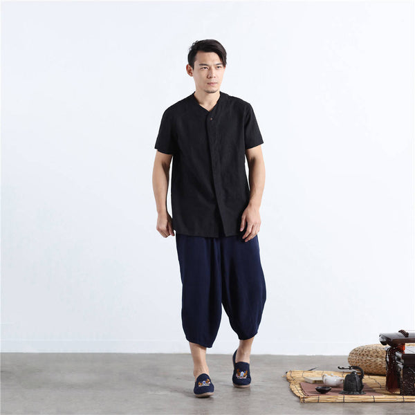 Men Casual Simple Pure Color Cotton and Linen Hanging Crotch Cropped Pants