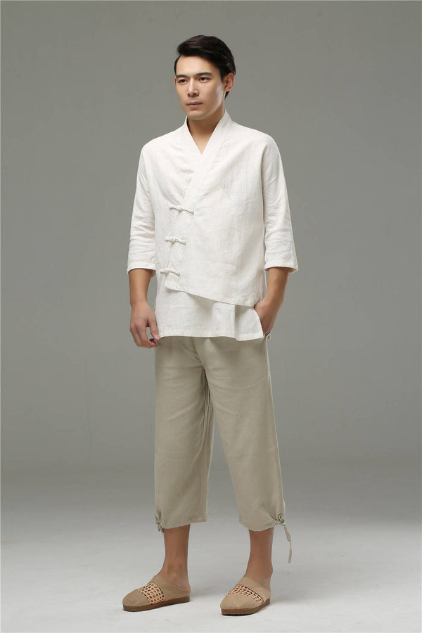Men Casual Simple Pure Color Cotton and Linen Capri Pants
