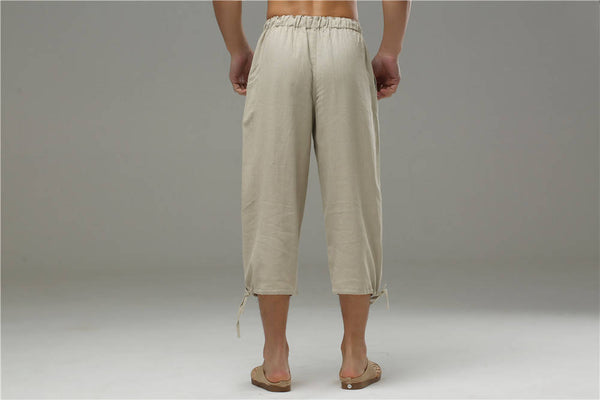 Men Casual Simple Pure Color Cotton and Linen Capri Pants