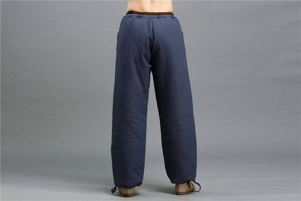 Men Casual Pure Color Cotton and Linen Loose KungFu Quilted Pants | Leg Opening with Elastic Band