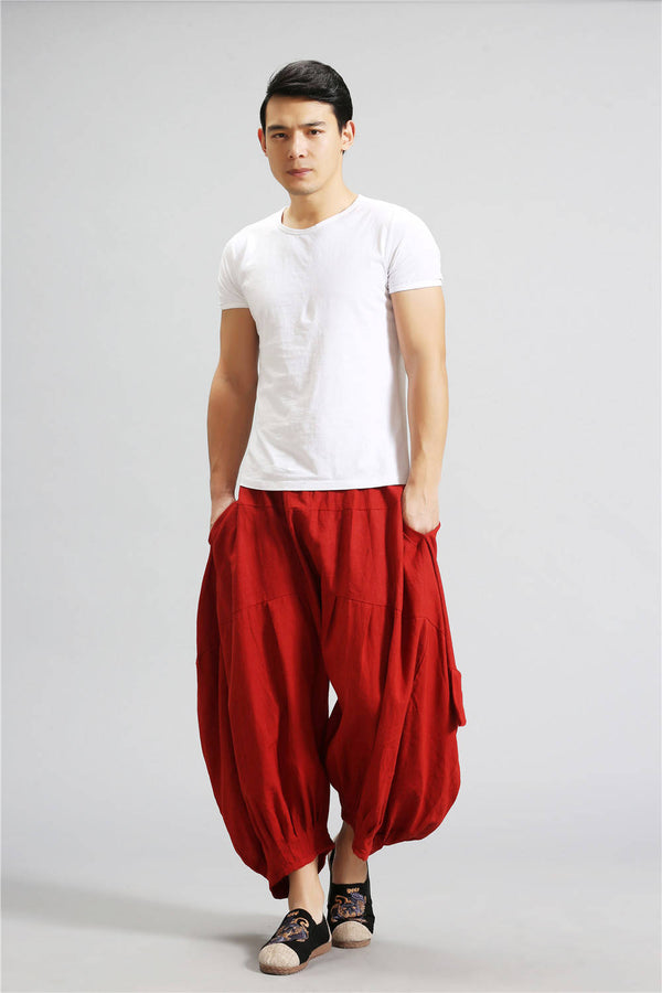 Men Casual New Style Loose Pure Color Cotton and Linen Hanging Crotch Pants