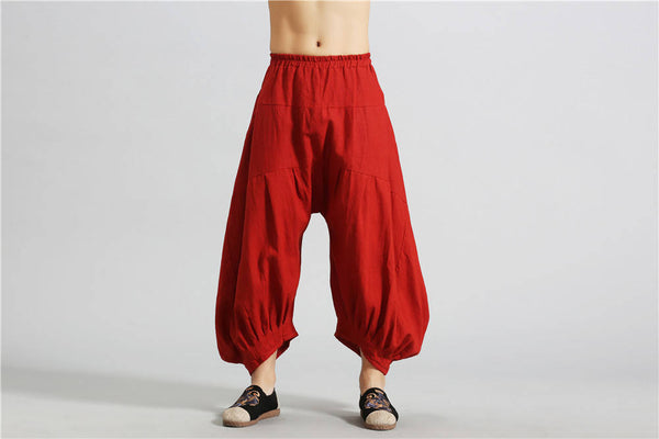 Men Casual New Style Loose Pure Color Cotton and Linen Hanging Crotch Pants