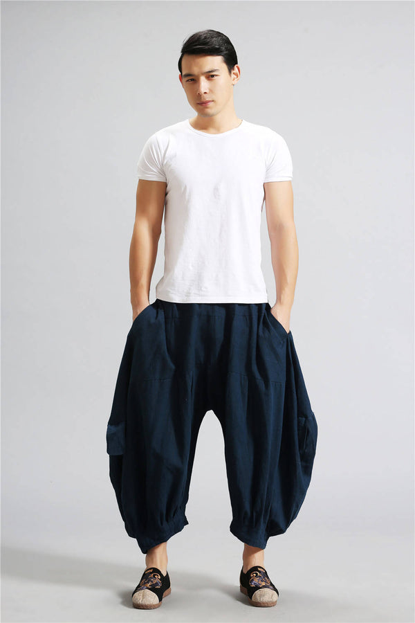Men Casual New Style Loose Pure Color Cotton and Linen Hanging Crotch Pants
