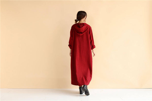 Womens Linen and Cotton Dress – Loose Coat Style Linen and Cotton Women's Tea Lenght Dress Hoodie