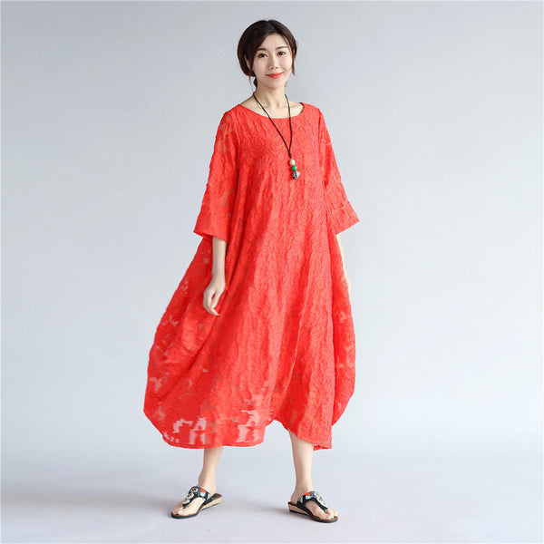 Women Zen Style Causal Round-neck Long Loose Tea Length Dress