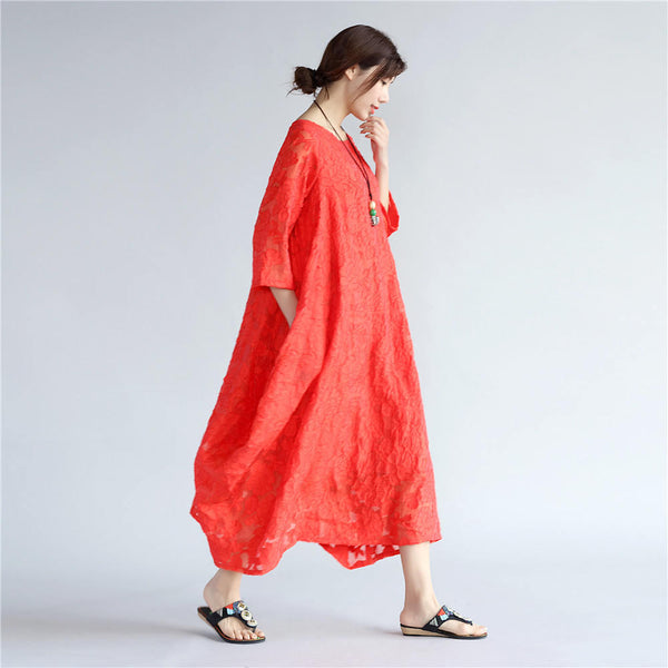 Women Zen Style Causal Round-neck Long Loose Tea Length Dress