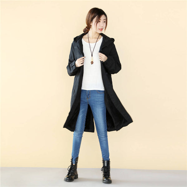 Women Simple Pure Color Linen and Cotton Knee Length Coat with Hoodie