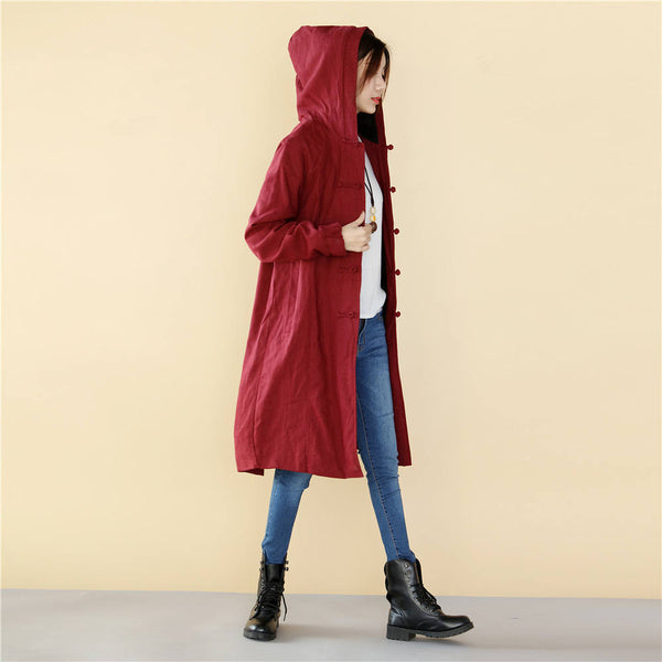 Women Simple Pure Color Linen and Cotton Knee Length Coat with Hoodie