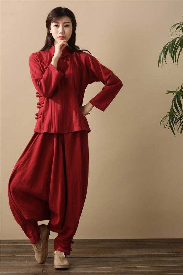 Women Pure Red Cotton and Linen Hanging Crotch Yoga Dancing Pants